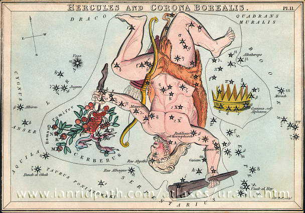 Созвездие Геркулес из Атласа "Urania’s Mirror" (London, 1825)
