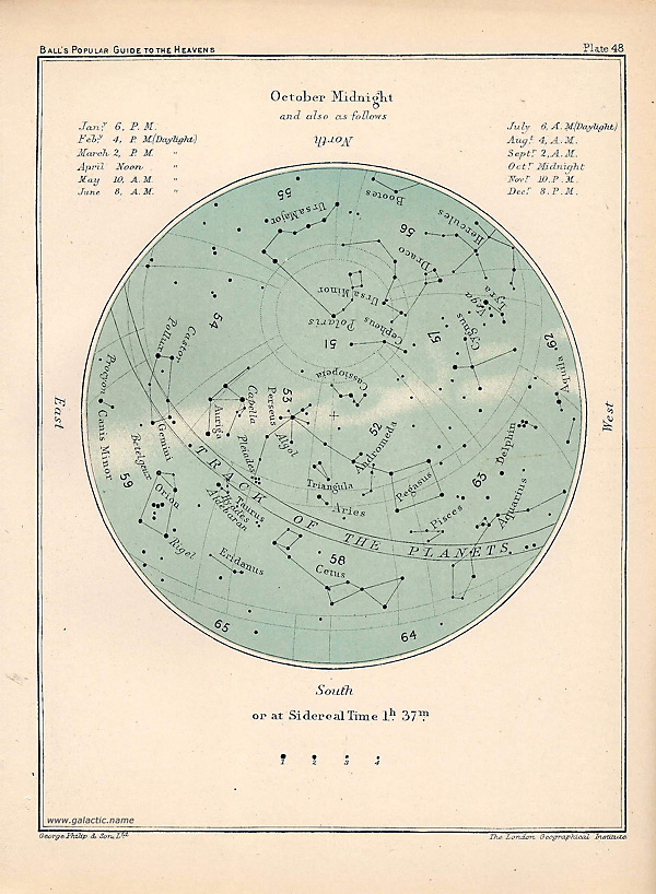 Старинная карта звездного неба (октябрь 1910 года)